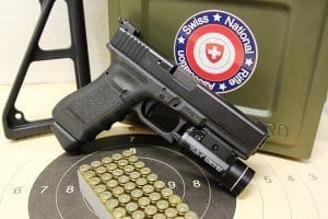 Swiss NRA sticker with Glock 43 in front of it