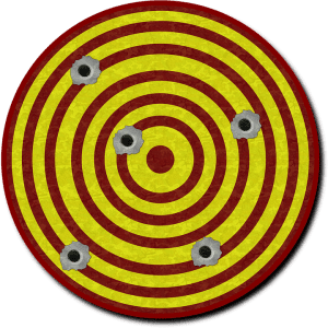 Yellow and red striped target with 5 bullet holes